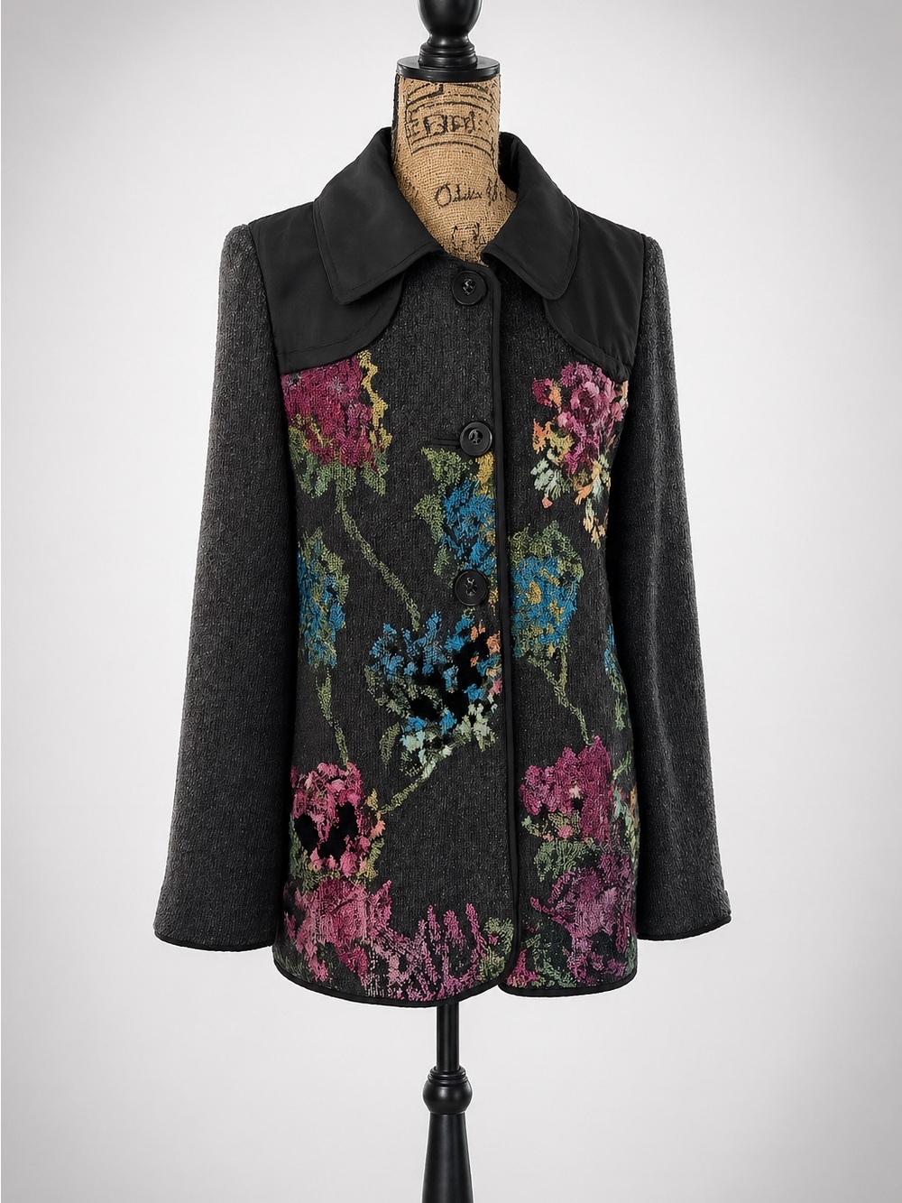 New with Tag! Radzoli Dark Gray Floral Jacquard Button-Front Coat Wearable Art
